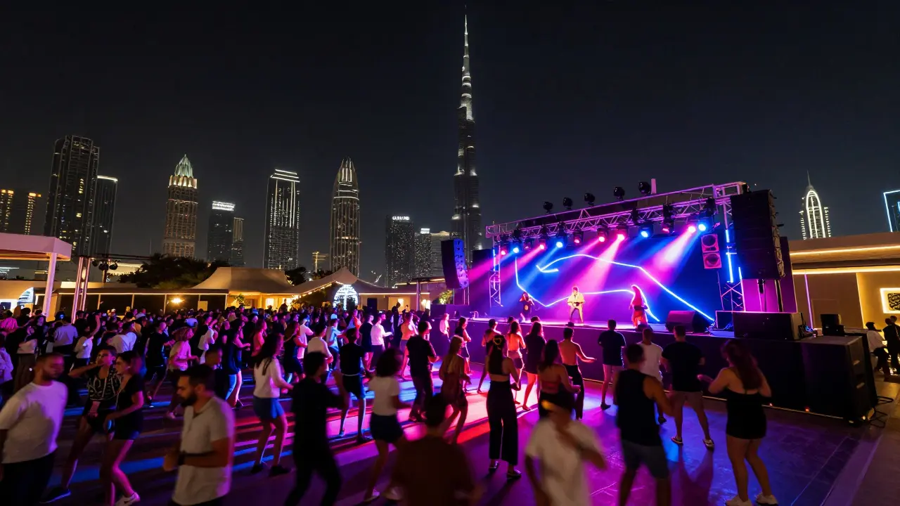 Crowd dancing under neon lights at a massive open-air club with the Burj Khalifa glowing in the background.