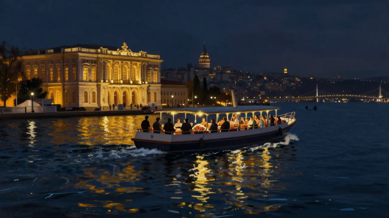 Dinner cruise on Bosphorus with illuminated palace in background.