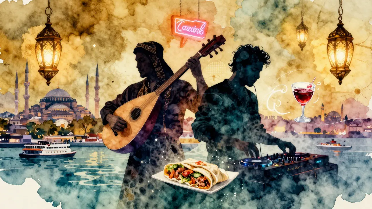 Dreamy blend of Turkish music, food, and nightlife symbols floating between East and West influences.