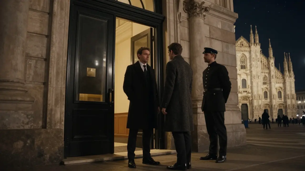 Elegant entrance to La Scala Club at midnight, a well-dressed couple being admitted by a doorman under the glow of golden light.