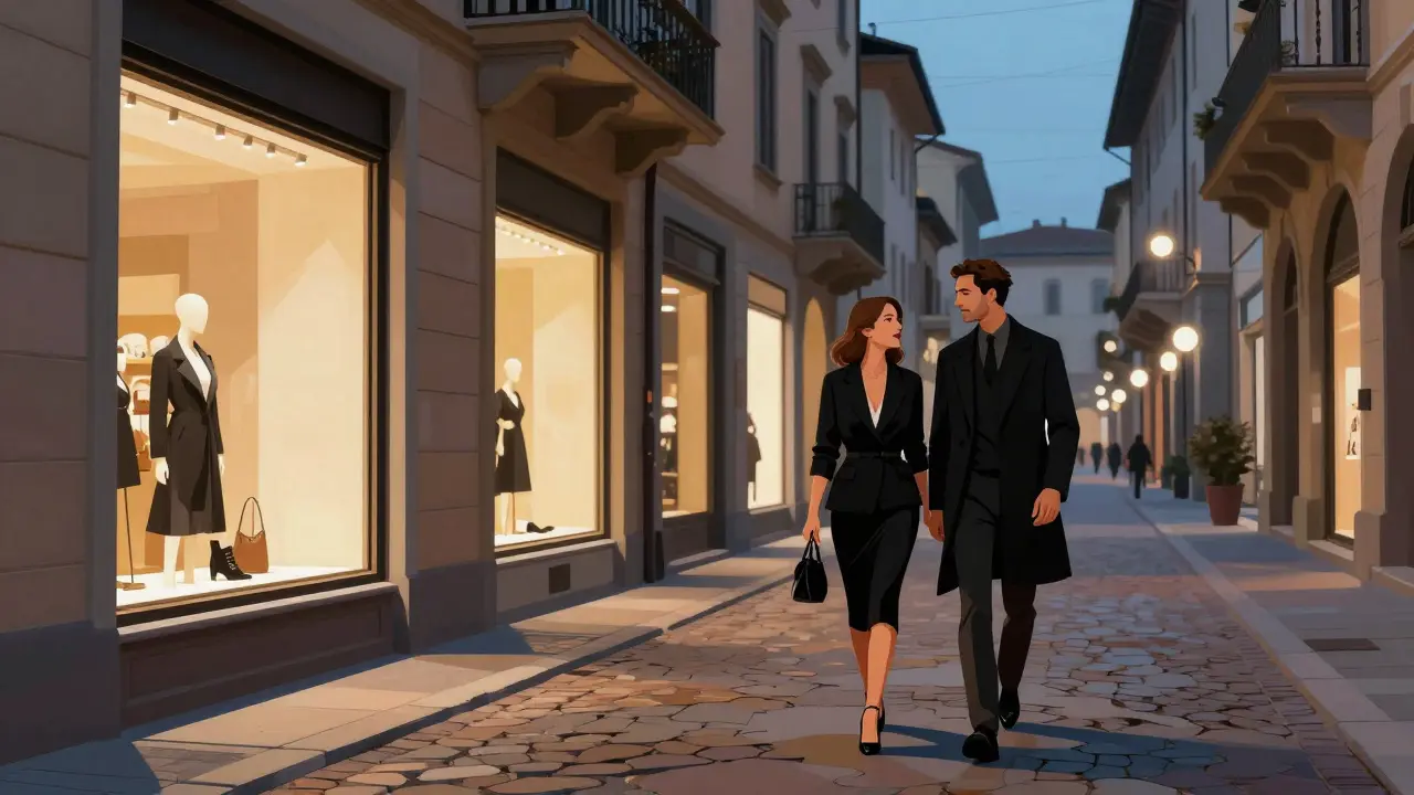 Fashionably dressed couple walking on cobblestone streets in Milan at night.