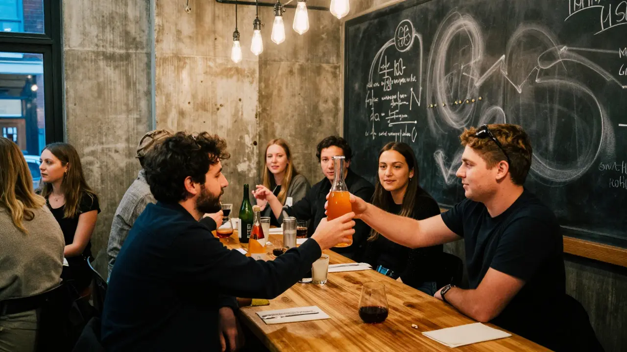 Group of friends sharing a wine carafe at an industrial modern bar