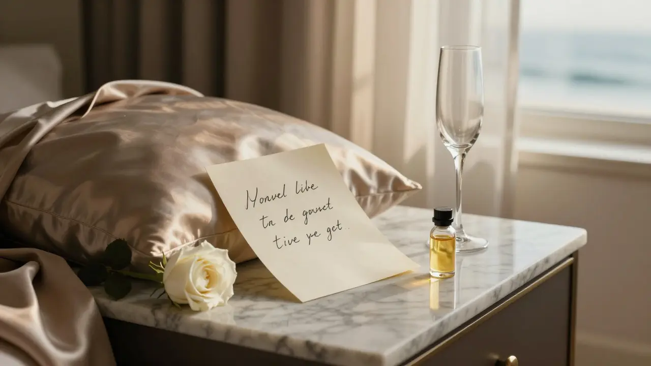 Handwritten note, white rose, and oud oil on silk pillow at dawn in a luxury villa suite.