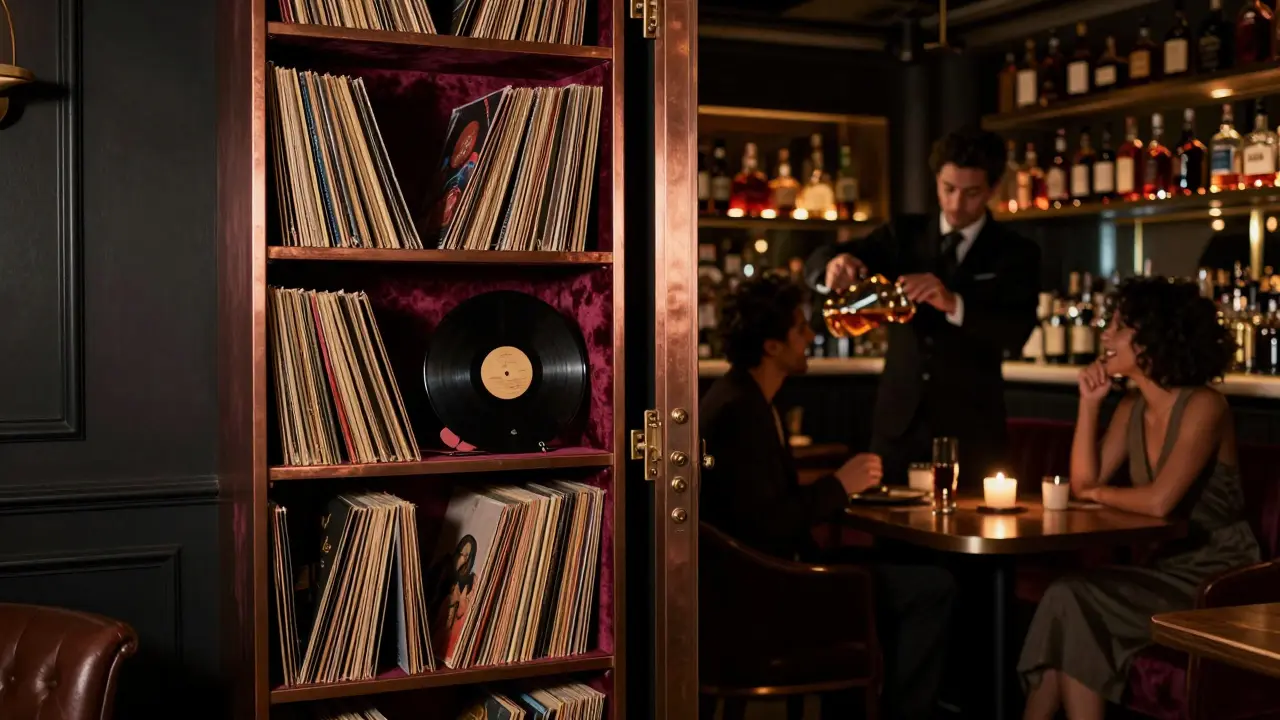 Hidden speakeasy behind a bookshelf, patrons sipping whiskey in dim velvet-lit room.