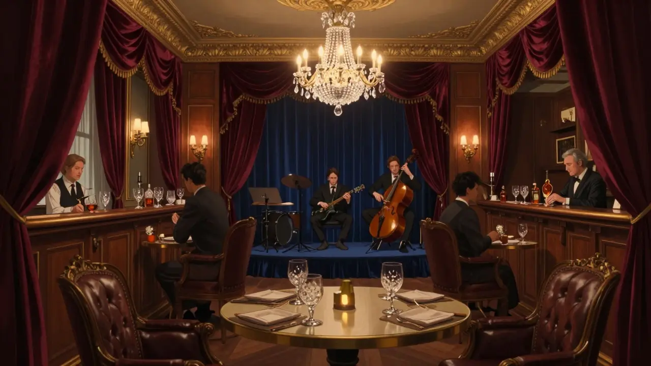 Hôtel de Paris Bar interior featuring classic decor and live jazz musicians