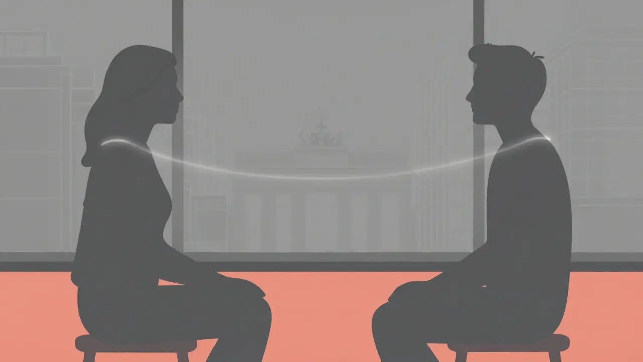 Illustration of figures with open body language and rapport.