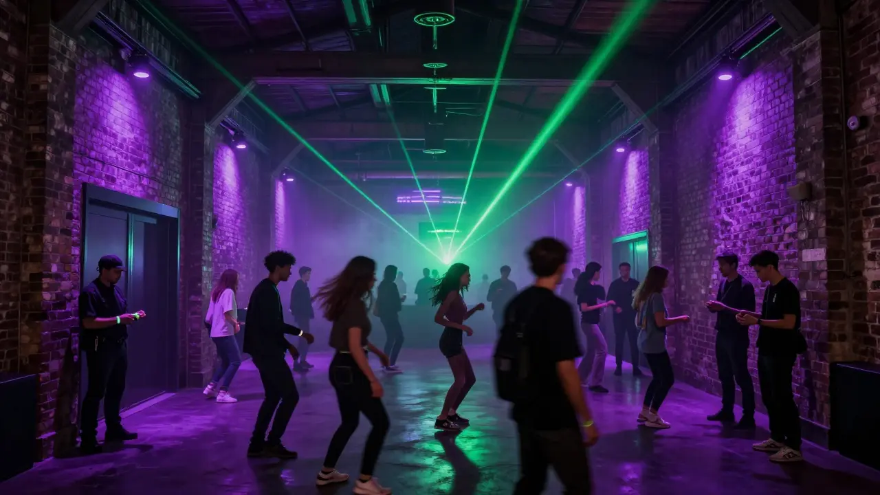 Industrial warehouse club interior with neon lasers and dancing crowd.