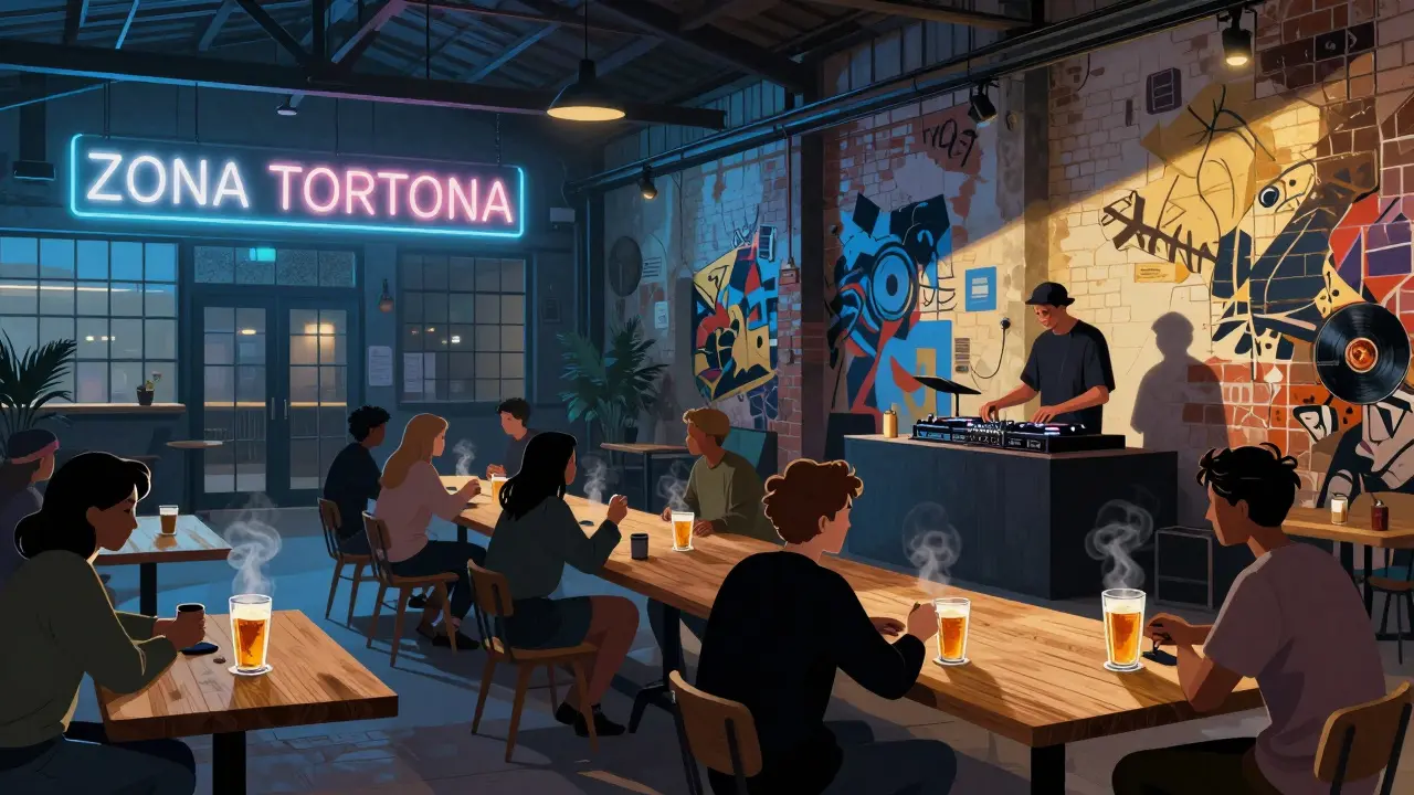 Industrial warehouse in Zona Tortona transformed into a vibrant nightlife spot with locals enjoying craft beer and live vinyl music.