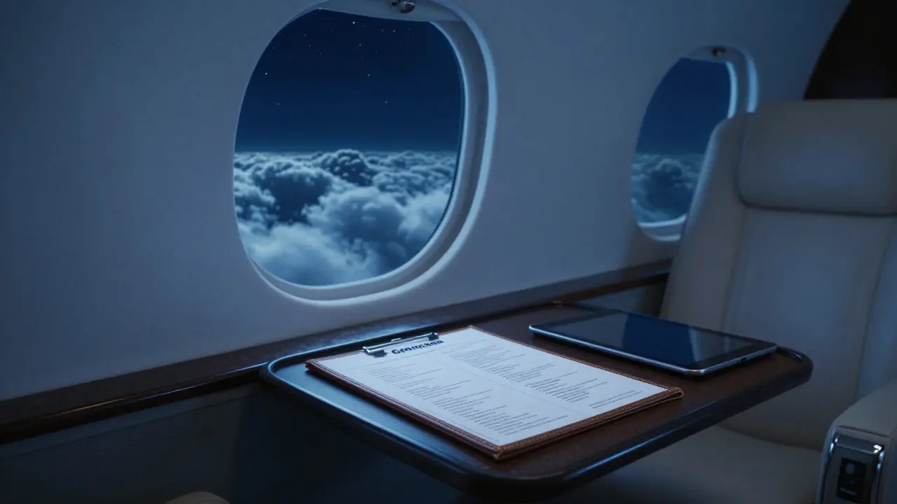 Inside a private jet at night, an itinerary and discreet tablet suggest high-end, anonymous travel arrangements.