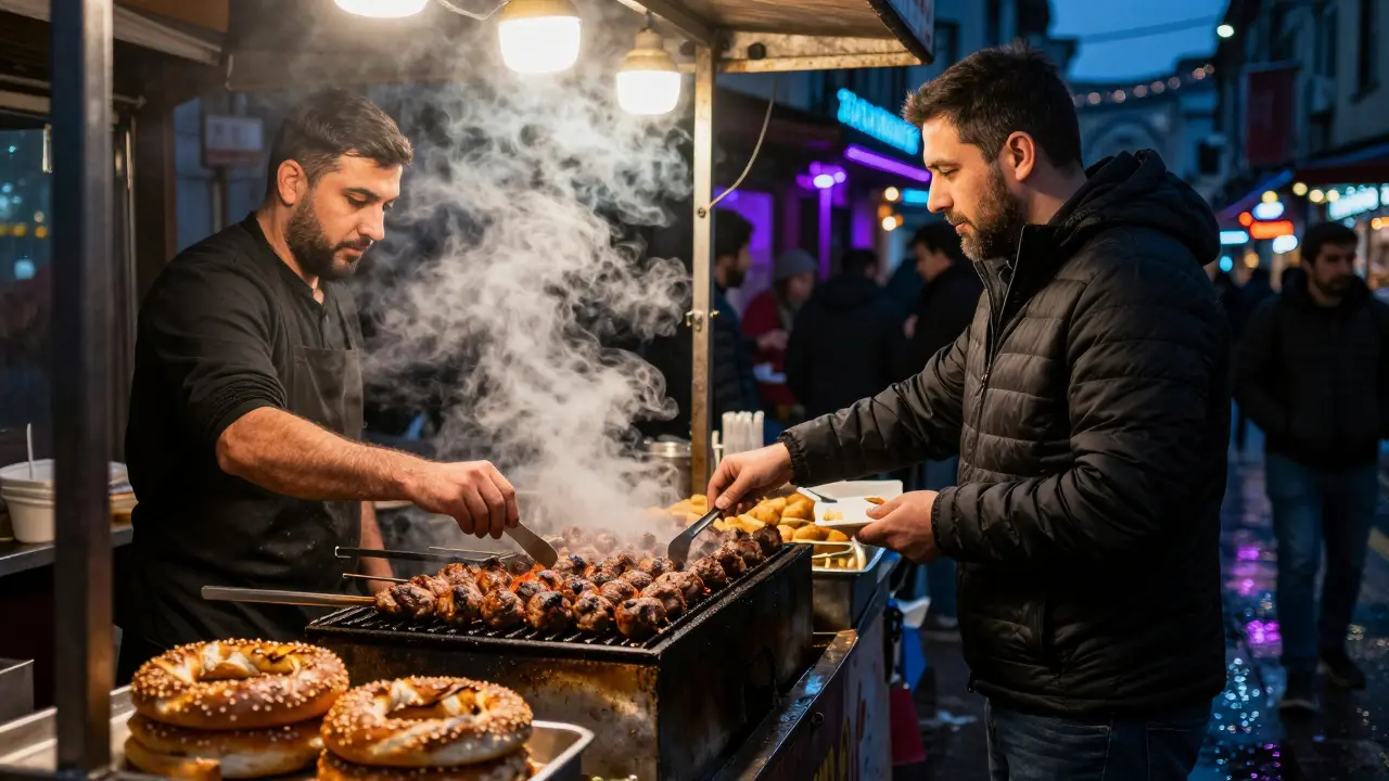 Late night street food vendor serving grilled meat in Istanbul.
