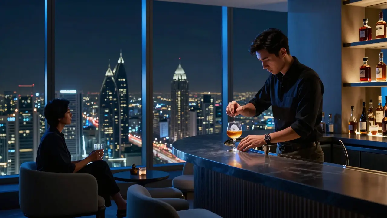 Minimalist high-rise bar with floor-to-ceiling windows, a bartender crafting whiskey, ambient blue lighting, serene atmosphere.