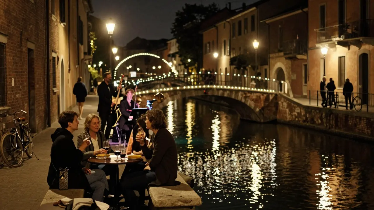 Navigli district at night, people sipping wine by canal lights, live jazz music playing under string-lit bridges.