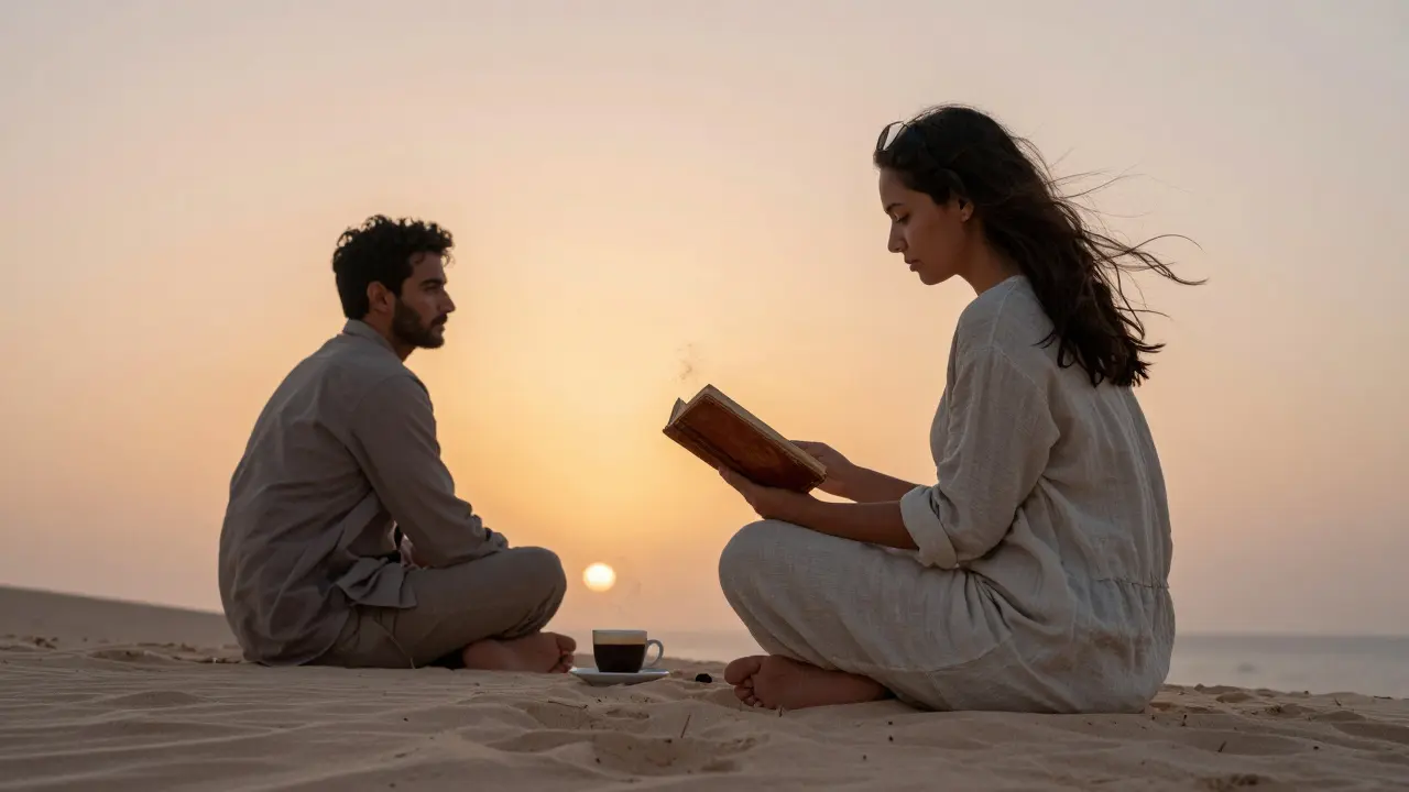 On a private island at sunrise, a woman reads aloud to a man as they sit together in peaceful solitude among the dunes.