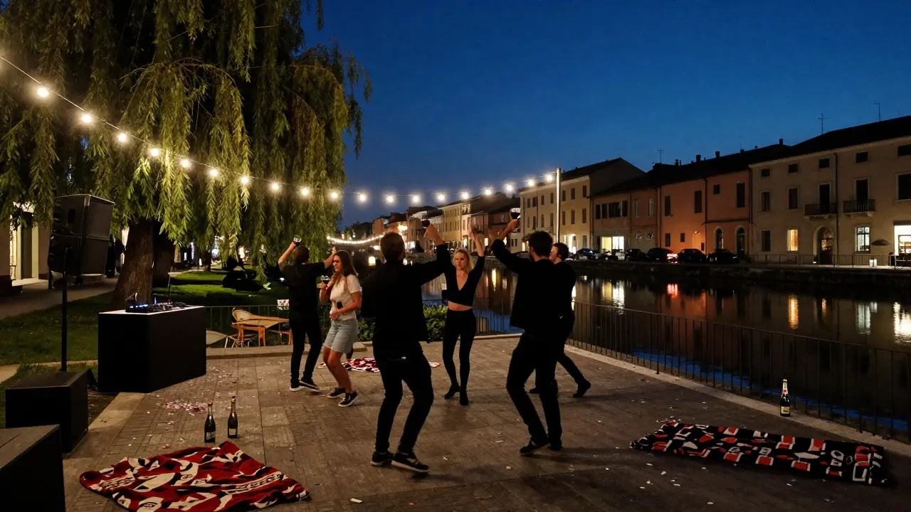 Open-air party at Paradiso with string lights and dancers beside a canal at night.