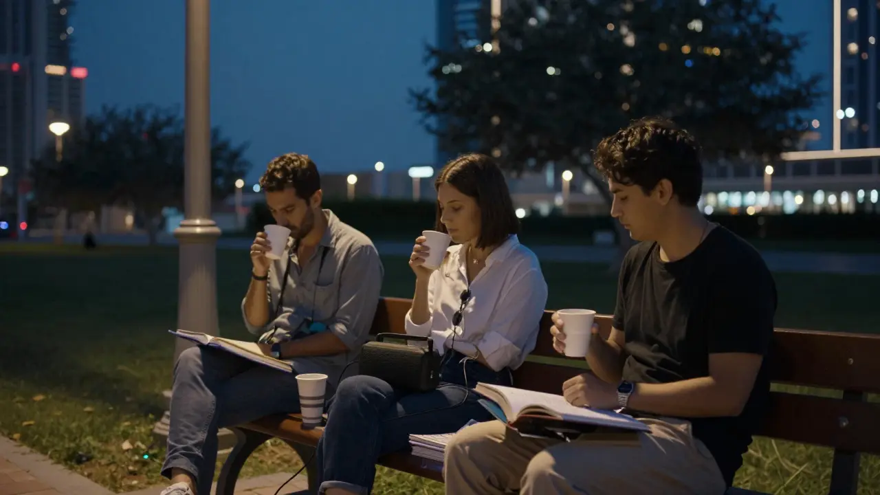 People relaxing on a park bench at midnight, sharing quiet moments with portable music and tea.