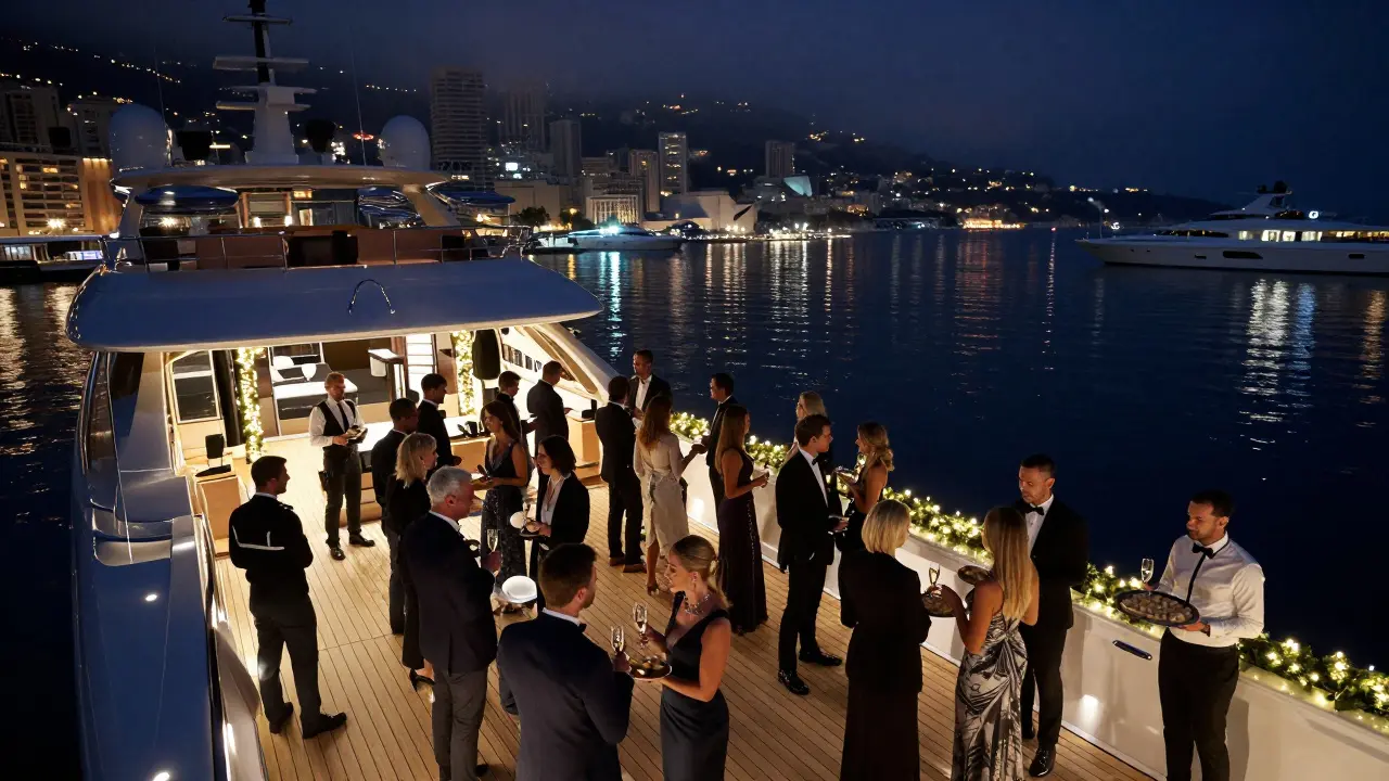 Private yacht party on Monaco harbor at night with luxury amenities
