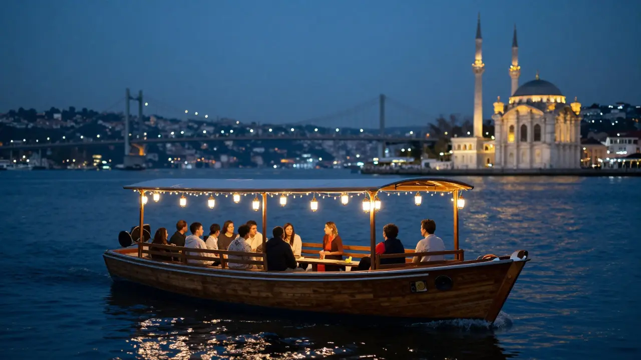 Quiet boat drifting on the Bosphorus under lanterns and bridge lights.