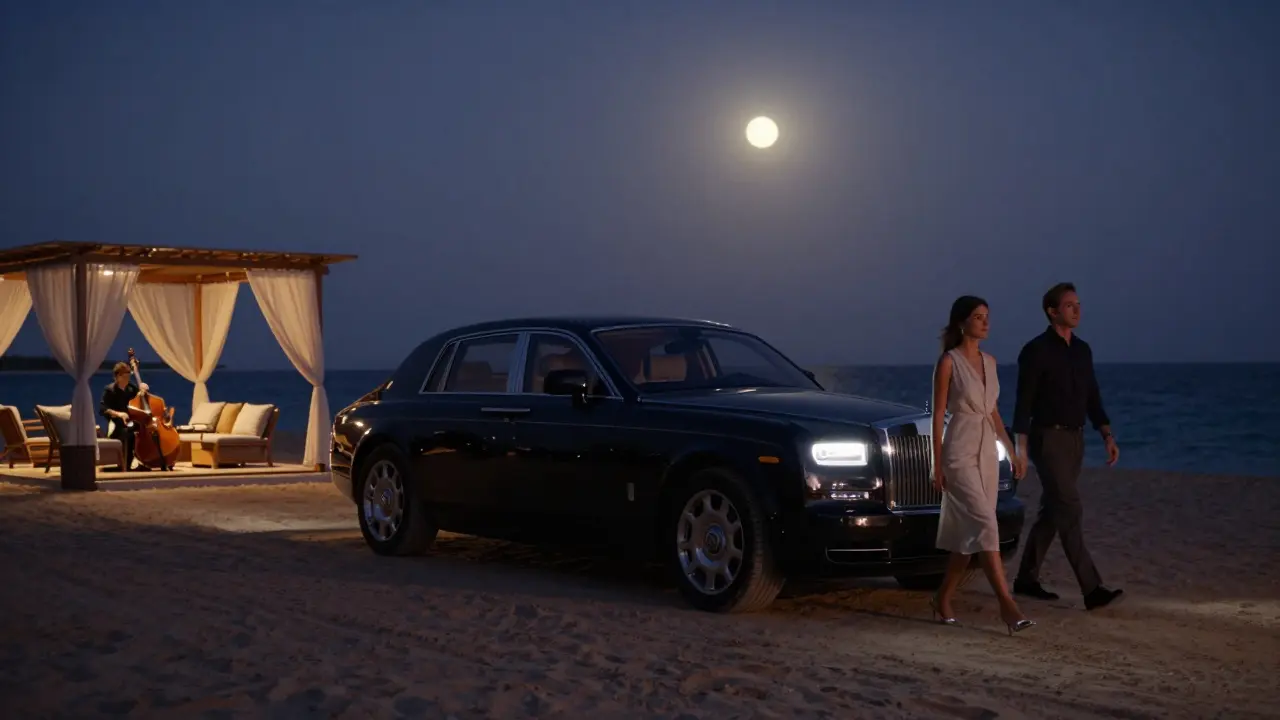 Rolls-Royce Phantom on a private beach at twilight, couple walking quietly toward a secluded lounge.