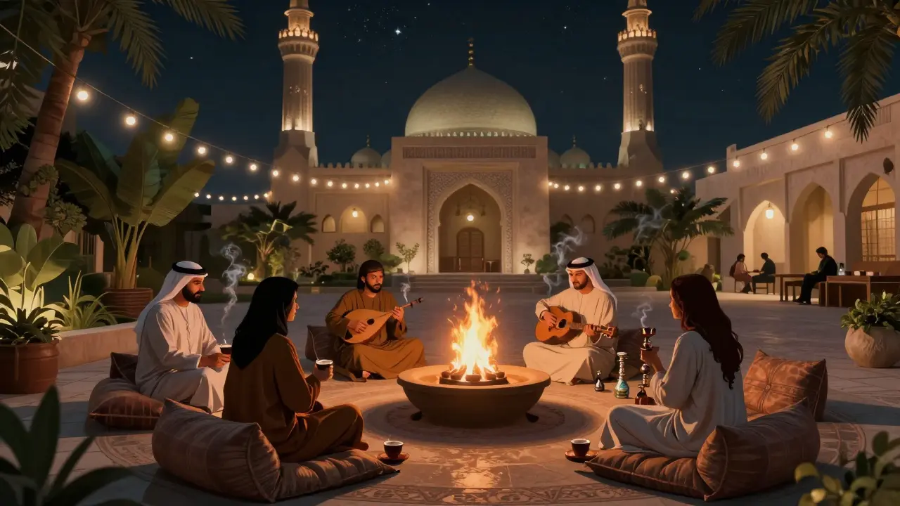 Secret garden bar with string lights, people enjoying shisha and Arabic coffee at night.