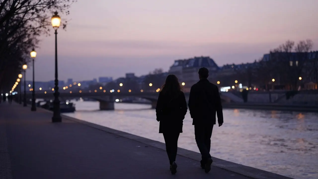 Silhouettes walking together along the river at dusk