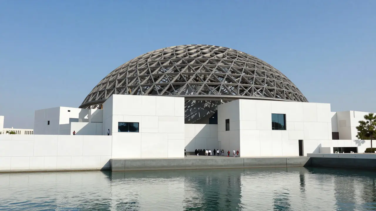 Sunlit exterior of the Louvre Abu Dhabi museum dome.