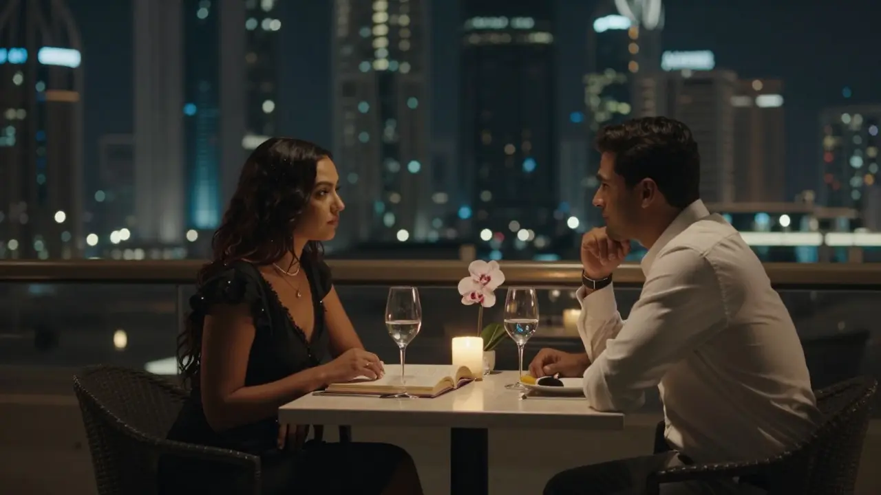 Two individuals share a quiet, thoughtful moment at a rooftop restaurant with city lights in the distance.