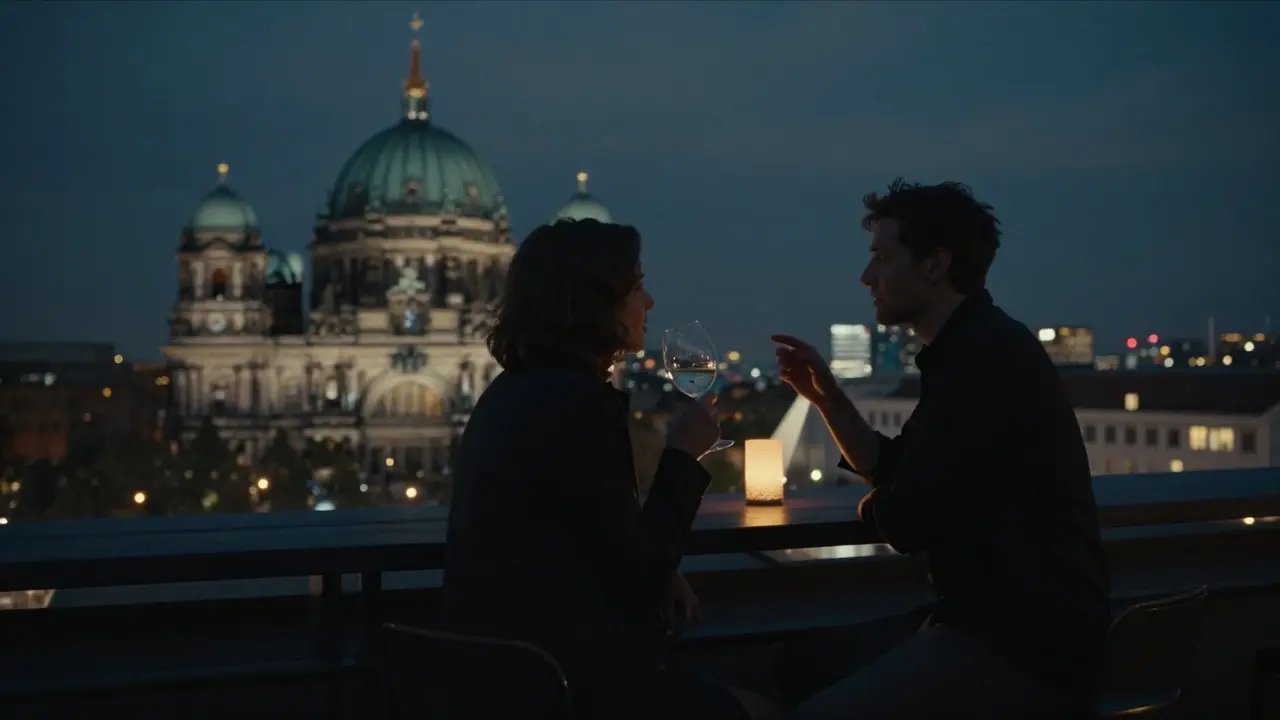 Two people silhouetted on a Berlin rooftop bar at night, sharing a drink against the city skyline.