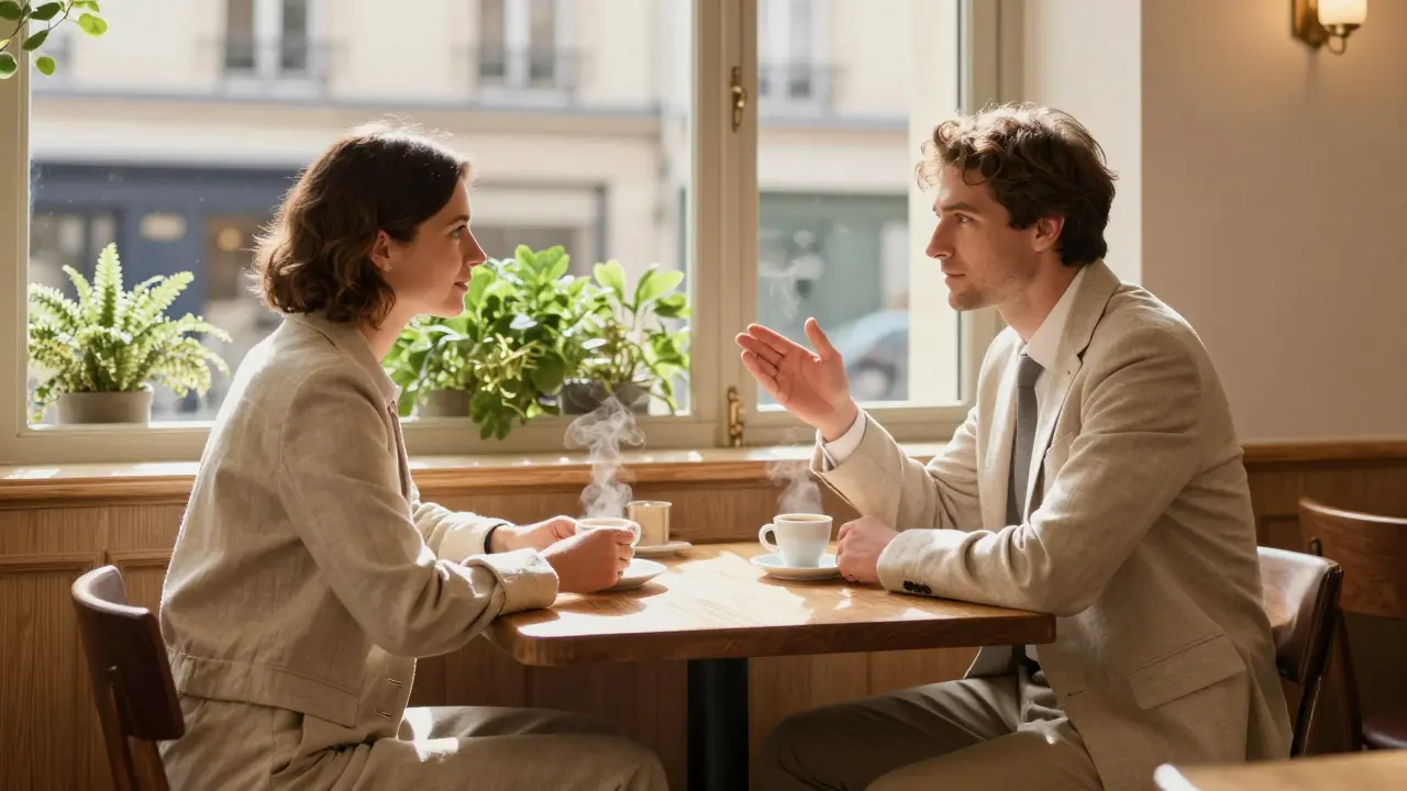 Two people talking in a sunny Parisian cafe