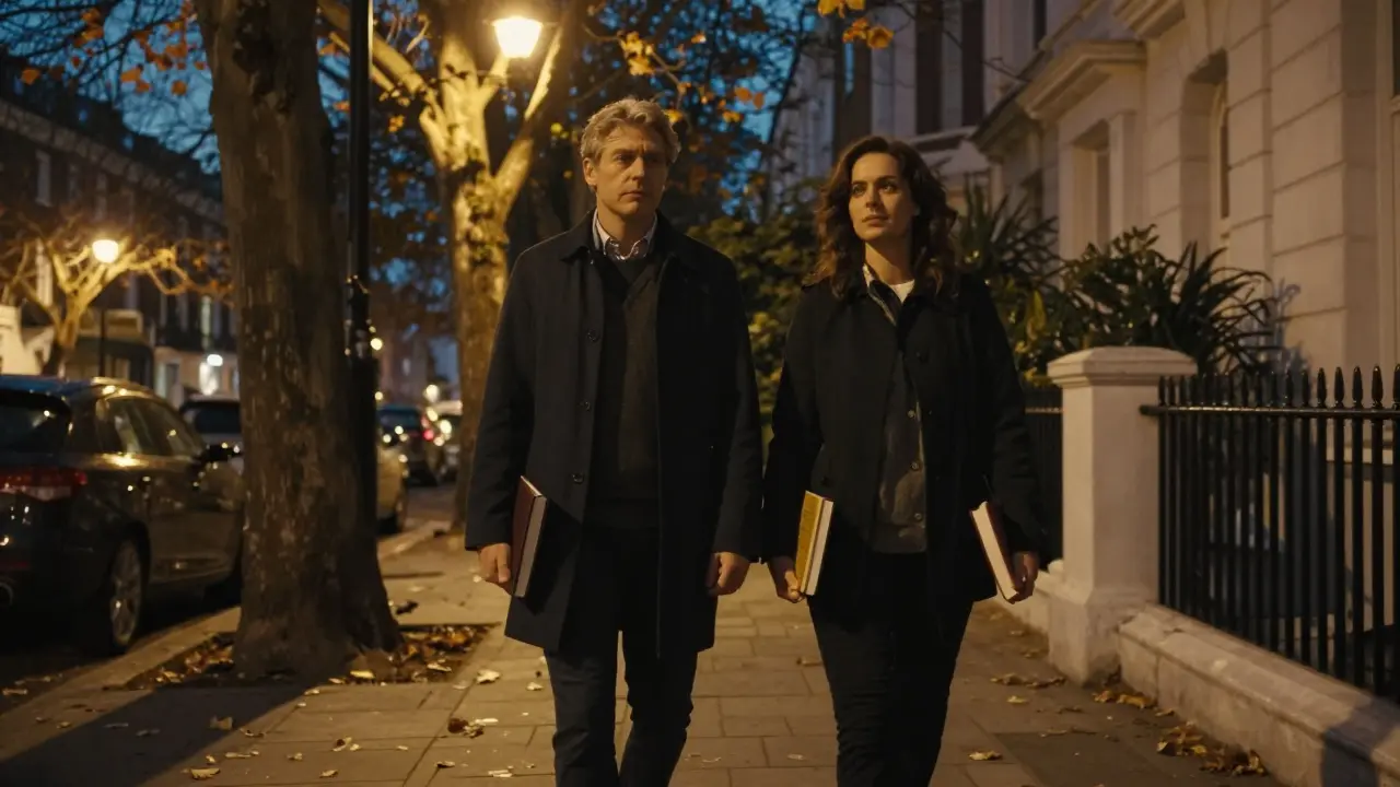 Two people walk side by side in Notting Hill, each carrying a book, enjoying a peaceful evening without physical closeness.