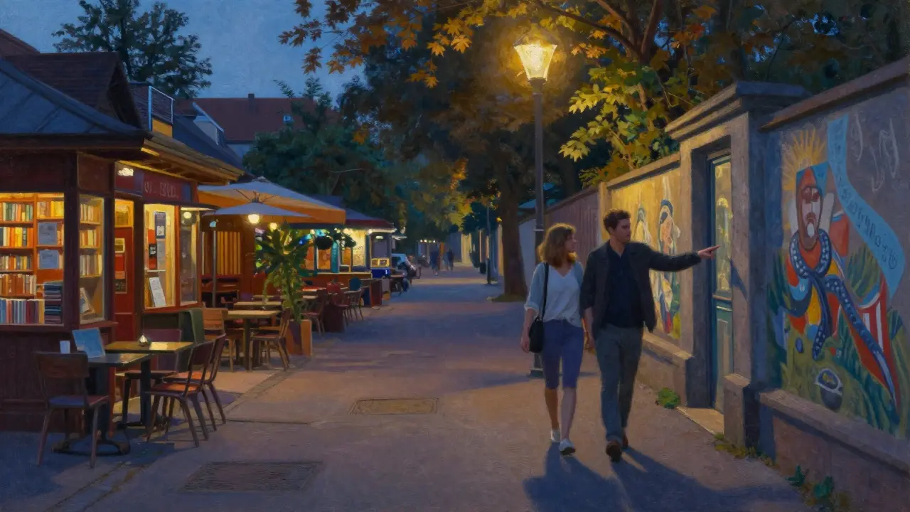Two people walking at dusk through Prenzlauer Berg, admiring a hidden mural under streetlamp glow.