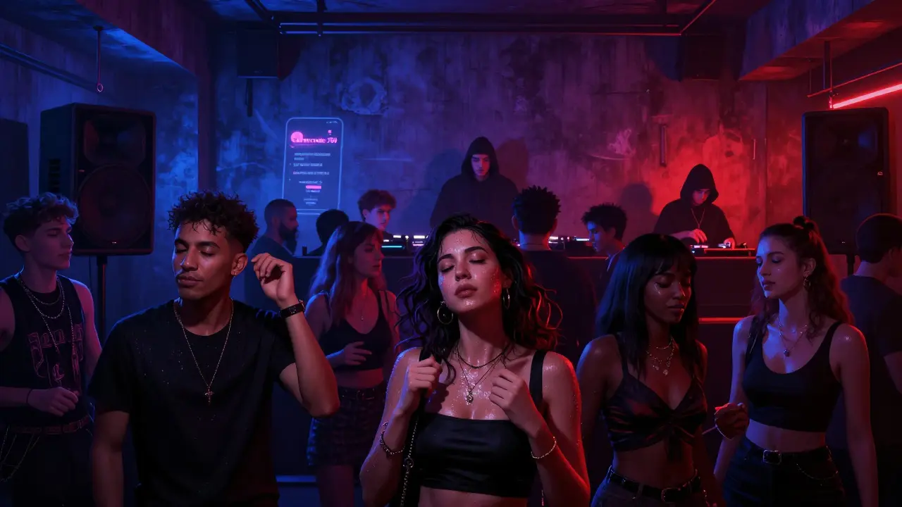 Underground club La Bussola, raw concrete walls, dancers lost in music under pulsing red and indigo strobe lights.