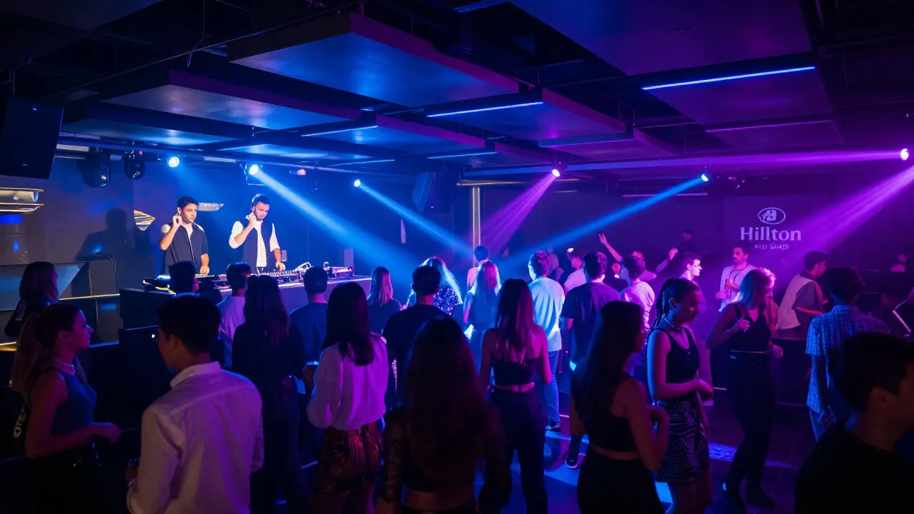 Vibrant nightclub with neon lights, dancing crowd, and DJ performing on stage.